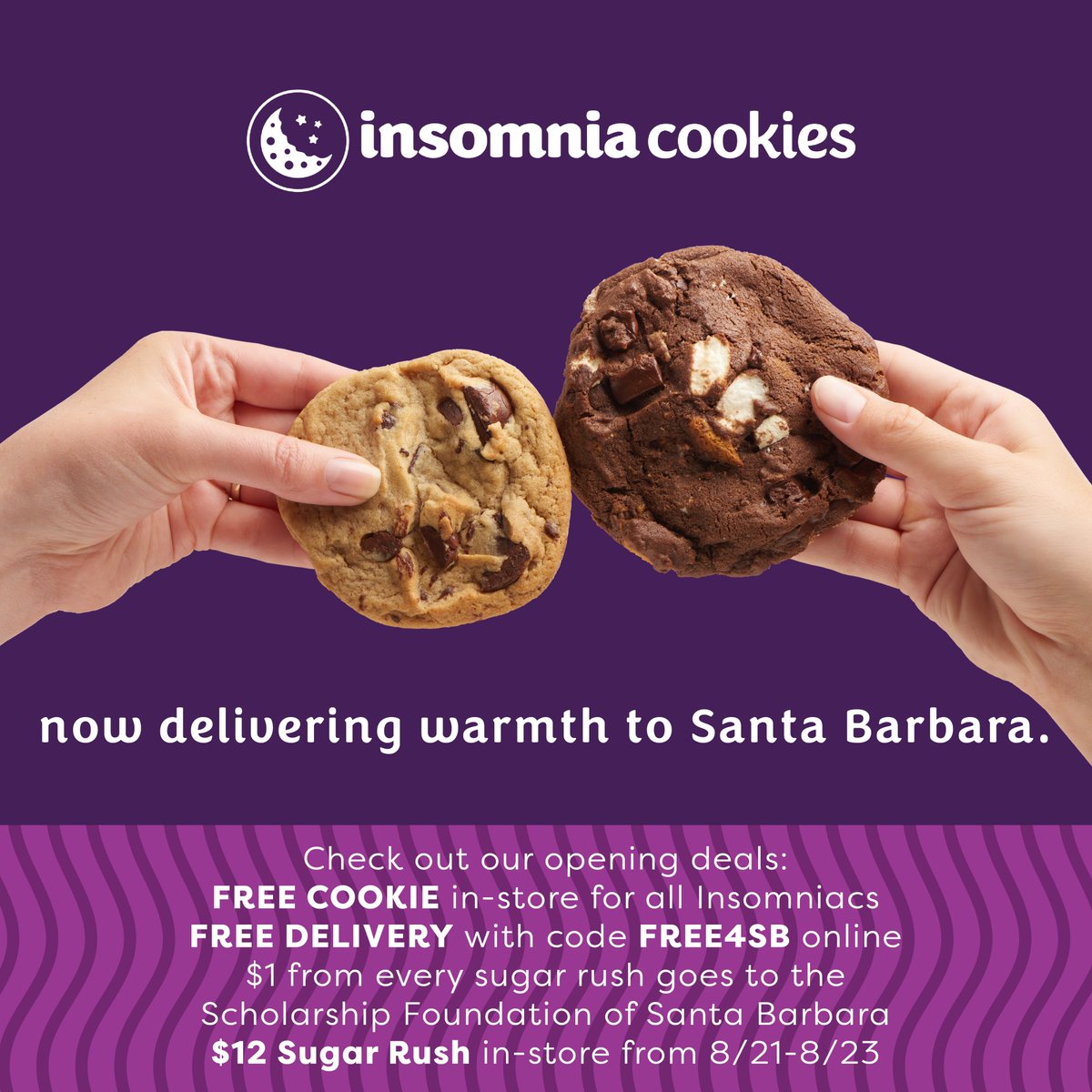 The new Insomnia Cookies location at 430 State Street in Santa Barbara is now open! The Scholarship Foundation will receive a $1 donation for each pack of Sugar Rush cookies purchased through August 27.