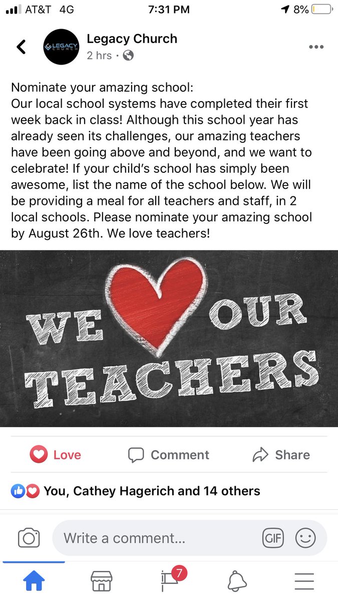 sholsomback's tweet photo. Go to Legacy Church’s fb page and nominate your school! Let’s love on our amazing teachers and school staff! https://t.co/1FoNH5B84p