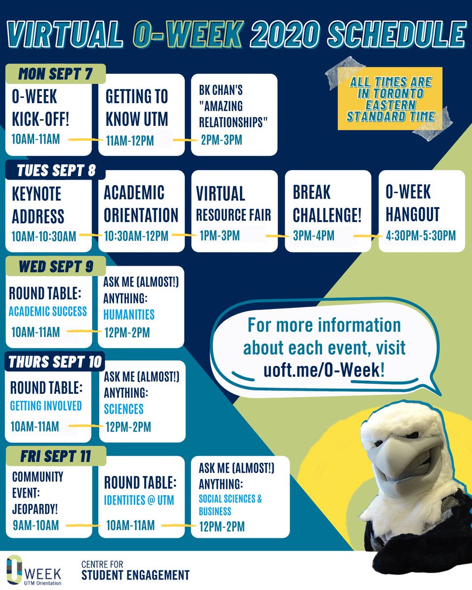 utm_engage's tweet photo. The final O-Week 2020 schedule is here UTM! O-week will be happening exclusively online this year from September 1st to September 7th! Use the hashtag #UTMOweek when sharing your O-Week related posts! :) https://t.co/H4pT8rBw9U