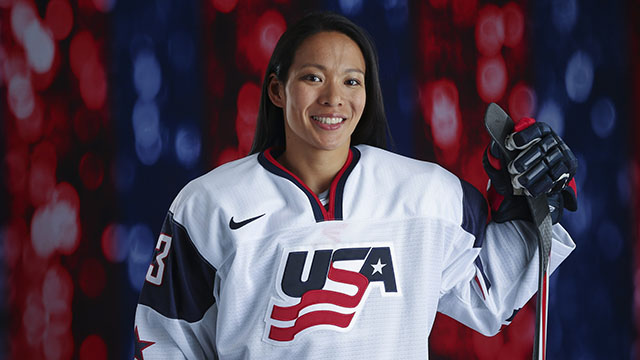 Julie Chu, one of the most decorated players of all time. You heard that right--all time, period. Four-time olympic medal winner, NCAA points record-holder when she graduated from Harvard in 2007. Married to Canadian player Caroline Oullette. Wish she was my mom.