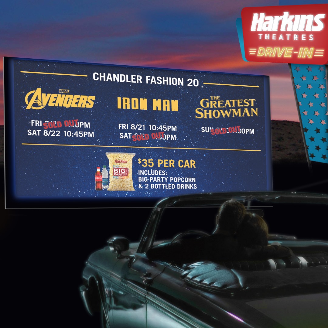While  @HarkinsTheatres isn't ready to open any of its theaters in the Phoenix metro, they have opened a drive-in at its Chandler location.The early shows for this week's lineup have sold out. Some 10:45P shows are still available.