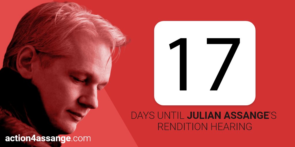 17 days until Julian's rendition hearing. Please join Action 4 Assange in DC where we will protest and lead demonstrations to bring awareness to his persecution. RSVP: ow.ly/yIUM50AjEJt: Help our team get to DC: ow.ly/WhW750AjEIf #unity4j #freeassange #wikileaks