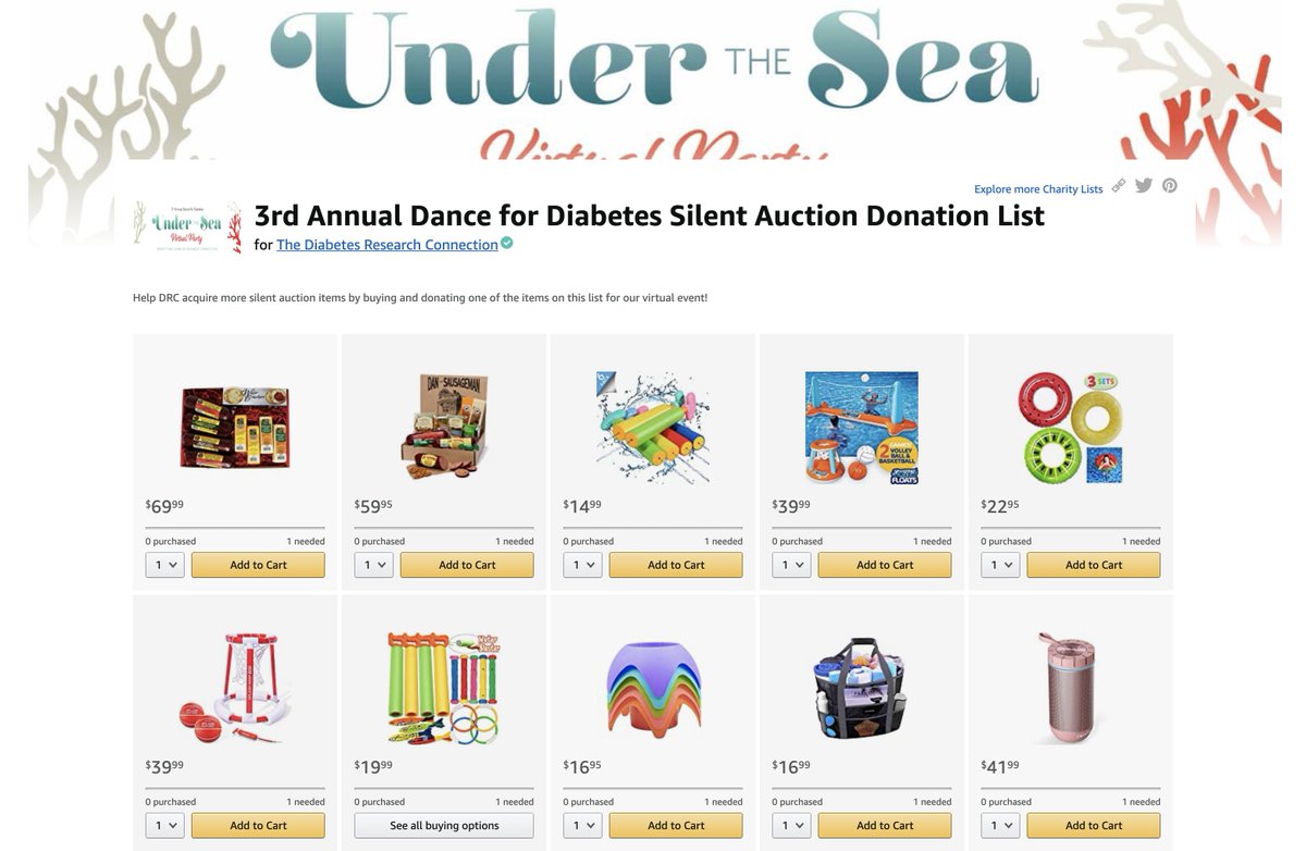 DiabetesRsrch's tweet photo. Help make our virtual event a success by donating an item to DRC's silent auction through Amazon Charity list! It takes a community to have an incredible living room party.
https://t.co/GP249rE7cF
#DRCDanceforDiabetes #UndertheSea2020 #Dance4T1D2020 #DRC4T1D #Connect4aCure https://t.co/CxD6E9WmIe