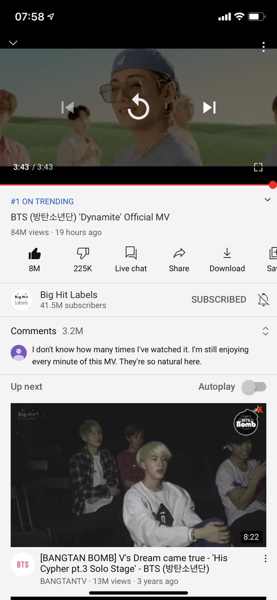 EllelynH's tweet photo. 84M in 19 hours, 8M likes & 3.2M comments. Wow! 3M more to beat the existing one. 4 more hours to go.
Letโs get it!
#MTVHottestBTS @BTS_twt
#DynamiteParty #DynamiteTo100M #DynamiteMV #BTSDynamite #BTSARMY #BTS #Dynamite_BTS #DynamiteMVOutNow
@BTS_twt https://t.co/aLYUjQ8l4e