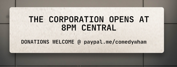 ComedyWham's tweet photo. Please join The Corporation.
FB Live.
https://t.co/hbuXCr0q6n
Co-CEOs: @FunnyBrooks and @PatDean
#IncubationComedy #IsolationComedy https://t.co/K0xO4WDc8x