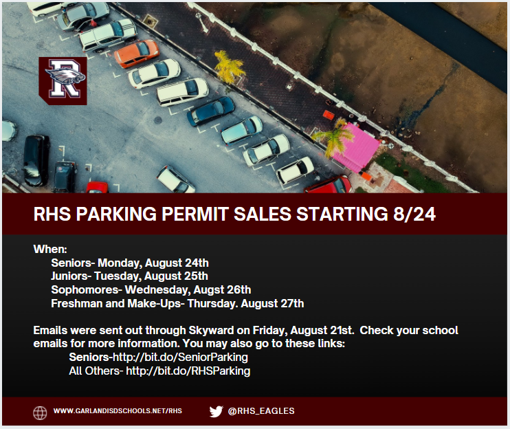 RHS_Eagles's tweet photo. Attention All RHS Students with a Drivers License, a car, and a need to park on campus- Parking Permits go on sale on Monday, August 24th! Check your Skyward account for more information or the links below.
Srs-https://t.co/u2DjKe6N4q
All Others- https://t.co/EuQqZaX3FD #WeROne https://t.co/3H0mXpYEAw