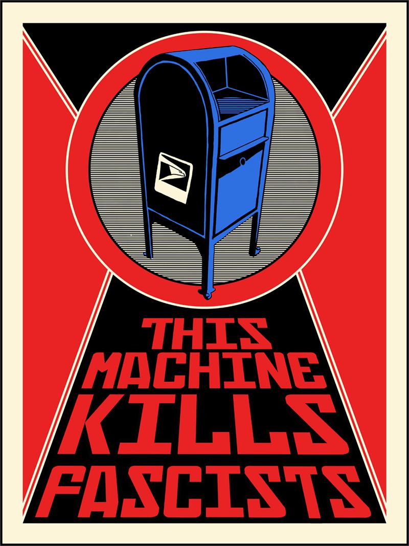 Now,  @NakatomiTim has entered the fray with another striking image, available as an art-print or stickers (both ship with books of stamps). https://store.nakatomiinc.com/thismachinekillsfascists2stickersetstamps.aspx https://store.nakatomiinc.com/thismachinekillsfascistsartprintstamps.aspx4/