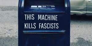 Early in the current USPS skirmish, some clever wag got the brilliant idea of slapping one of  @crimethinc's THIS MACHINE KILLS FASCISTS stickers on a USPS blue mailbox. https://www.reddit.com/r/PoliticalHumor/comments/ia9gvh/steely_guthrie/1/