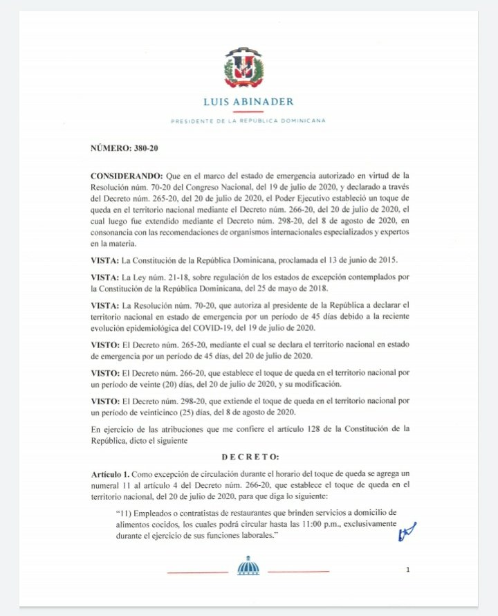 Comunicaciondo's tweet photo. Mediante el decreto 380-20 el Presidente @LuisAbinader establece que los empleados o contratistas de restaurantes que brinden servicio a domicilio podrán circular hasta 11:00p.m. durante el toque de queda dispuesto en el Decreto 266-20. https://t.co/O8v09jnxeM