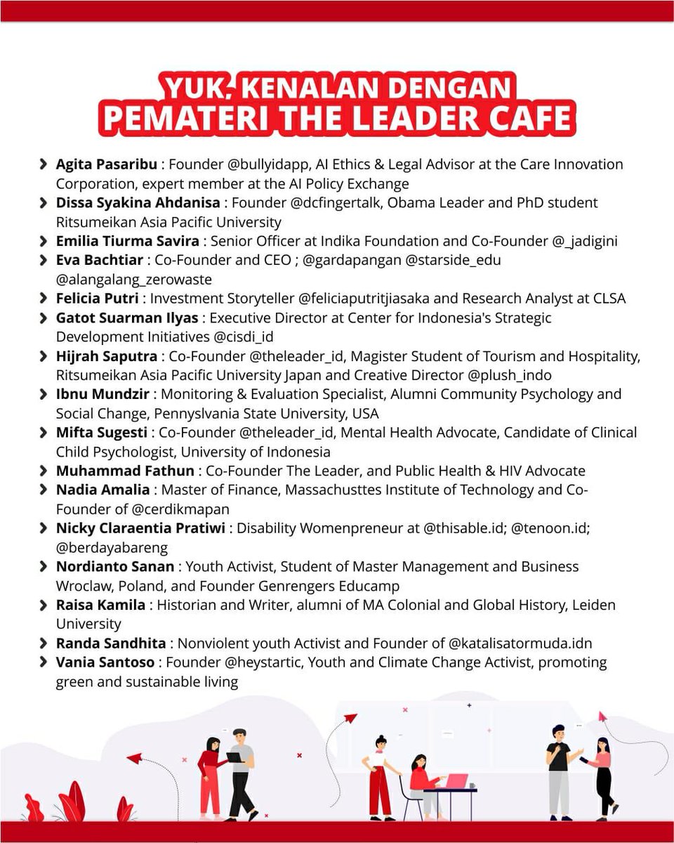 Terima kasih teman-teman muda yang sudah mendaftar The Leader Cafe. Berikut update pemateri yang akan berbagi inspirasi di The Leader Cafe!