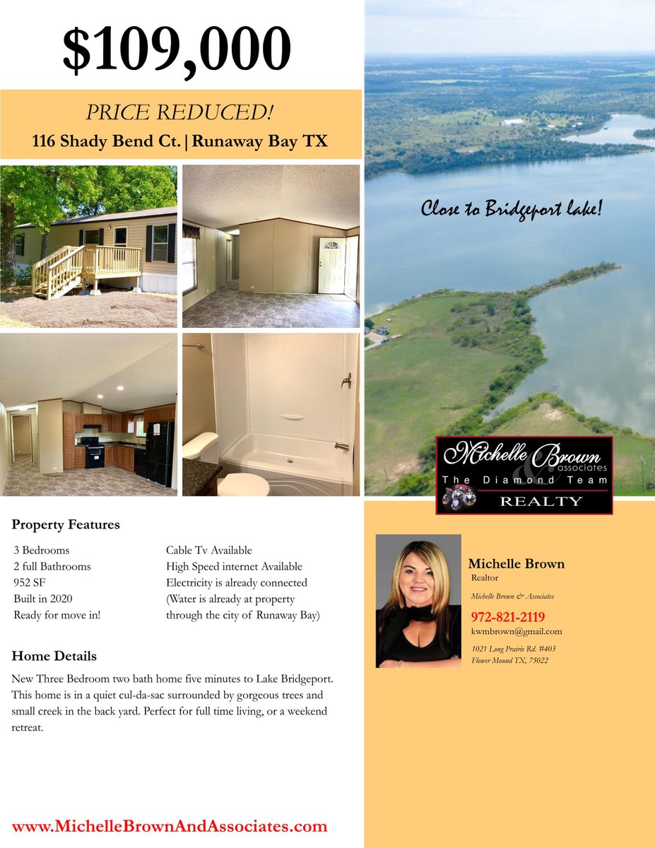 DiamondTeamRlty's tweet photo. This cute 3 bedroom 2 bath home is still available! The price has been reduced to $109,000 and is ready for move in! Water and electricity is already connected as well for easy transfer to new owner.This home is located at:116 Shady Bend Ct. Runaway Bay TX, 76426

#HOMEFORSALE https://t.co/BI6Xwm5Wm8