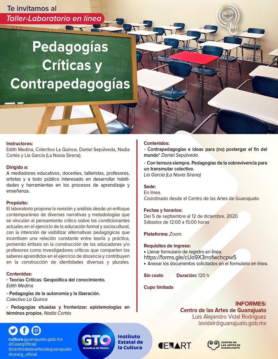 CeargOficial's tweet photo. Pedagogías críticas y contrapedagogías 👩🏫🧑🏫
#LaboratorioEnLínea
El laboratorio propone la revisión y análisis desde un enfoque contemporáneo de diversas narrativas y metodologías que se vinculan al pensamiento crítico sobre los condicionantes actuales.
#Educación #Docentes
#CEARG https://t.co/Cxi9MZXLaA