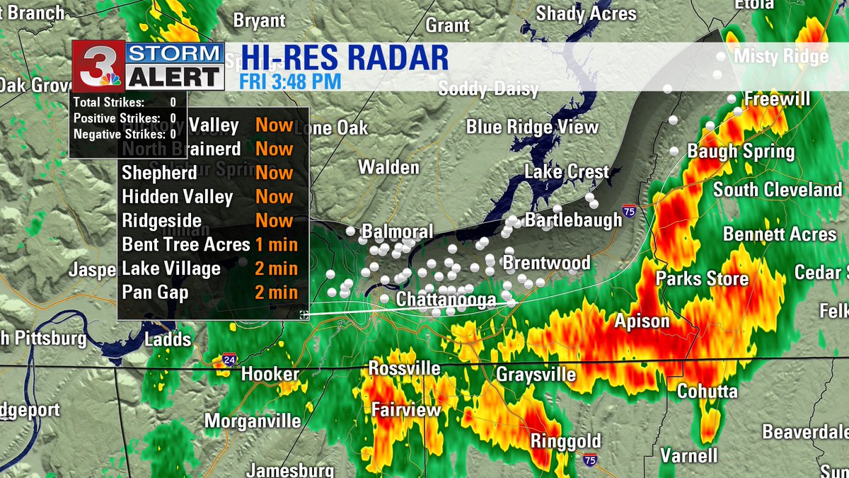 Local3News's tweet image. Heavy rain over Apison, Ringgold, and Fairview is tracking very slowly northwest at 10 mph. This will lift into Chattanooga, Brentwood, and Lake Crest. Here is a track. I will have an updated track on First at Four. Brittany Beggs.