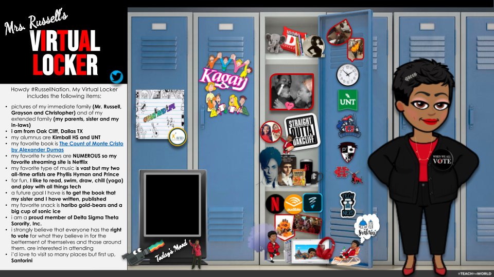 Mrs_SRussell's tweet photo. Bitmoji Virtual Locker "Getting To Know You" Activity courtesy of @WeAreTeachers posting!
#bitmojilocker #virtualicebreakers  #bitmoji #virtuallocker #remotelearning #distancelearning #virtuallocker #engagement #school #backtoschool 

https://t.co/46LFo6YQ6m https://t.co/KLrK66NSbU