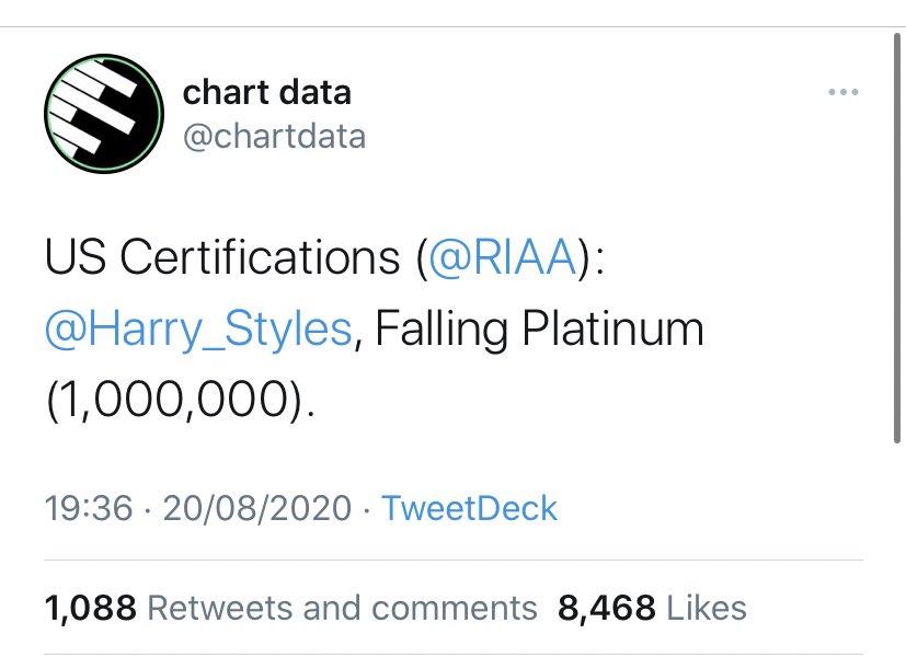 -On its 35th week, “Fine Line” was #7 on the ARIA chart Australia, and spent its entire run in the top 10, over 8 months. - “Fine Line” was also #12 on the Billboard 200 chart (35 weeks), sold over 1.5M unites already in the USA.-“Falling” is now officially RIAA PLATINUM.