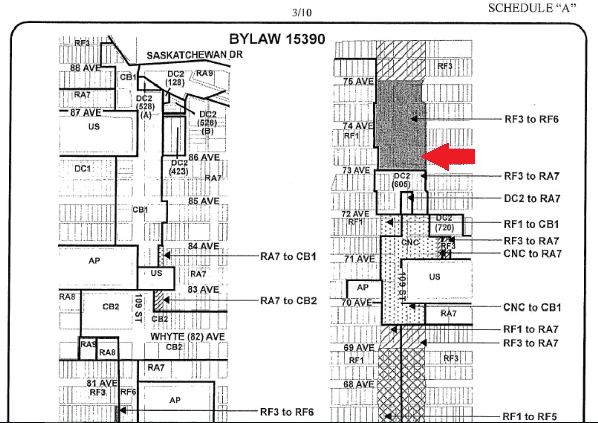 In 2010, after a planning study along 109 Street, the property was rezoned along with its neighbours over to 109 Street, to allow for stacked row housing up to four storeys in height.