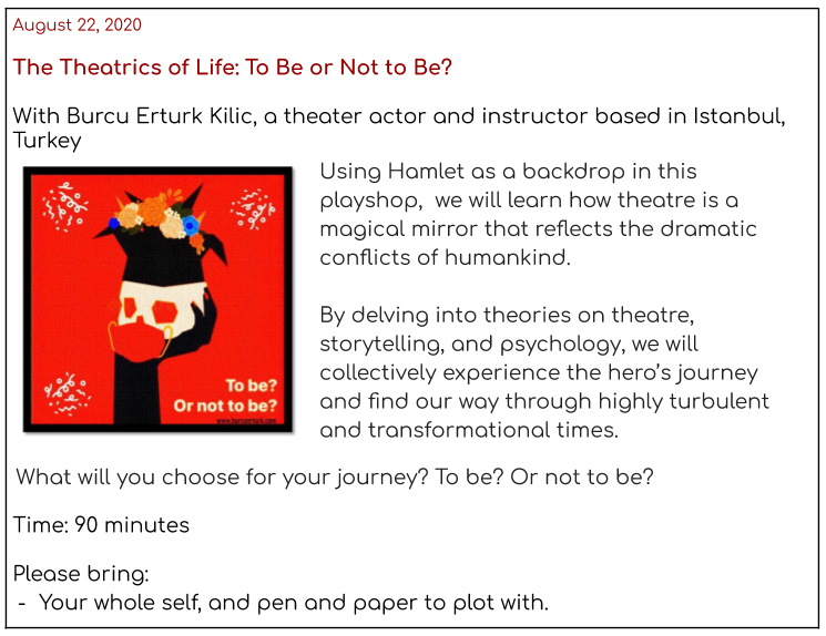 Essinova's tweet photo. Join us for Session 7 of Artful Life summer playshops on Sat. Aug. 22nd at 10am PT: https://t.co/yQua8cb42u. Theater as our rescue + guide. #Emotions, #bodylanguage and the hero's journey à la Hamlet, vis a vis COVID. If only #Shakespeare could join us in the fun! https://t.co/FcxyjMyZ9g