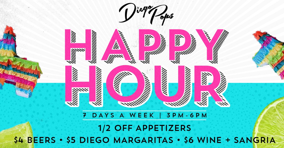 Are you looking for #HappyHour specials in #Scottsdale #Arizona ? #DiegoPops has Happy Hour 7 days a week from 3pm-6pm! $4 #beers $5 diego #margaritas $6 #wine + #sangria &amp; 1/2 off appetizers!  #OldTownScottsdale #phoenix #supportlocal #mexicanfood #tacos #eatlocalaz