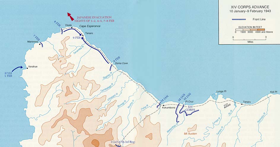 13 of 18By Jan. 18, XIV Corps had pushed two miles west of the Matanikau River and over four miles inland. In taking the major objectives of Galloping Horse, Sea Horse, the Gifu, and the coastal strip beyond Point Cruz.