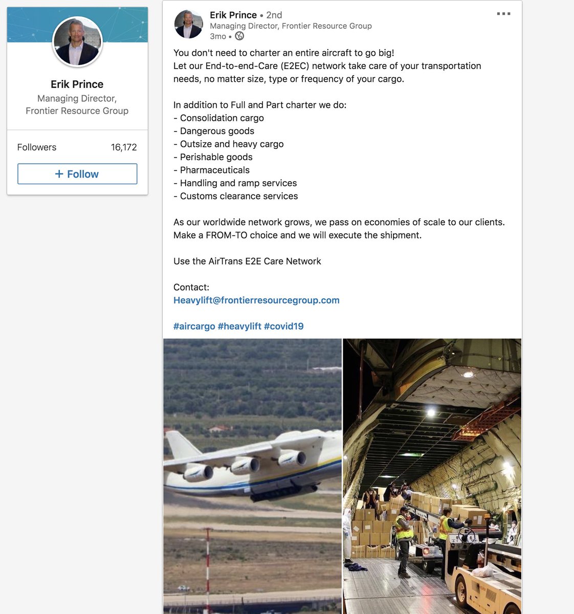 Here's a post from Erik Prince on LinkedIn from 3 months ago promoting Airtrans services