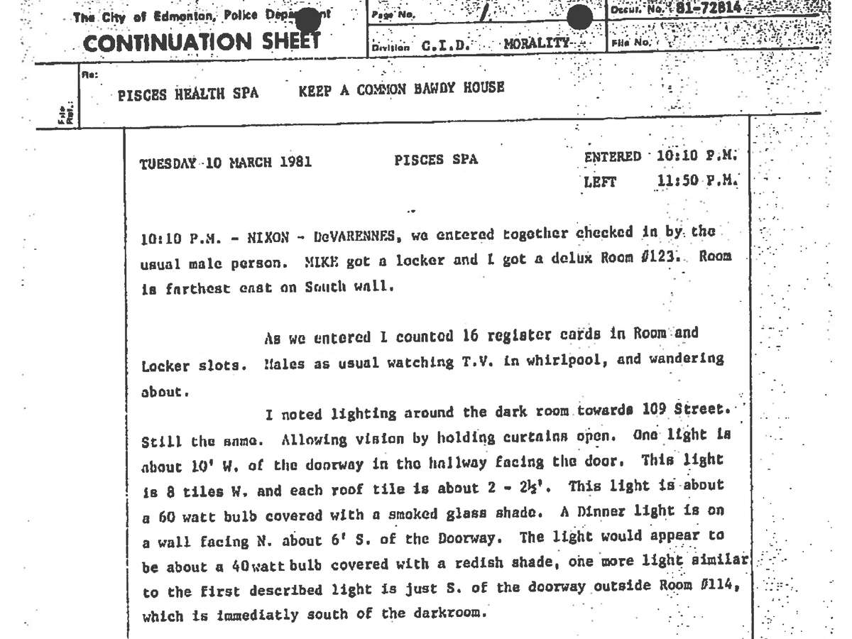 A rare glimpse into Edmonton's past & the infamous Pisces Bathhouse raid, which occurred at 2am on May 30, 1981Below are images of the actual police reports detailing the undercover investigation.The police would go on to arrest 56 men as "found ins."  #yeg  #history  #LGBTQ