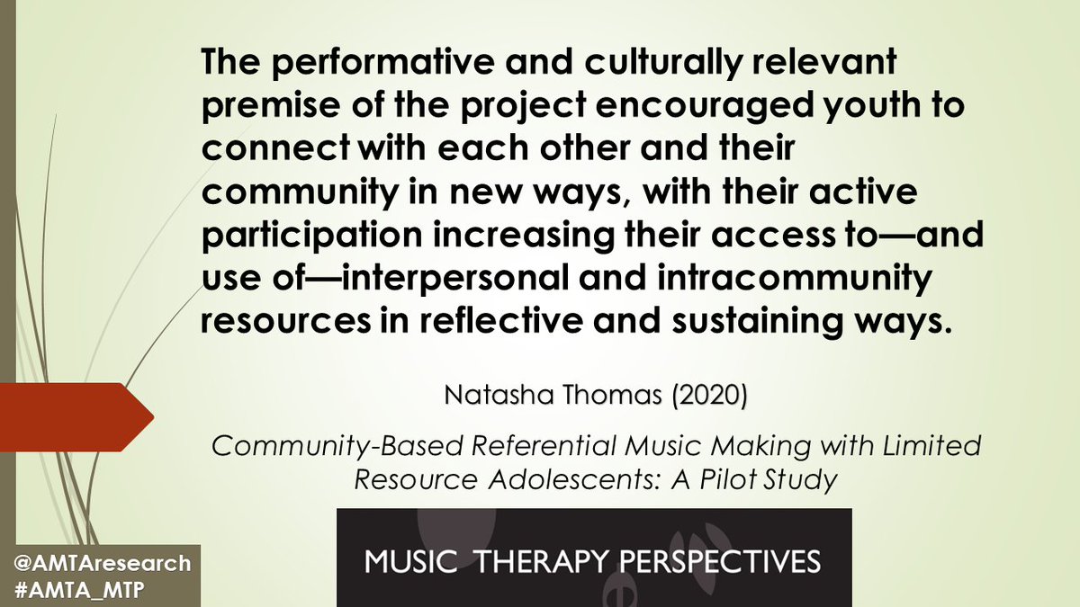 AmtaResearch's tweet photo. What processes might emerge in the formation of a community-based referential music-making intervention that prioritizes the voices and priorities of Black/African American adolescent participants? https://t.co/ic78U1X5TF
#MTResearch #AMTA_MTP #musictherapy https://t.co/lTHR4QYVMX