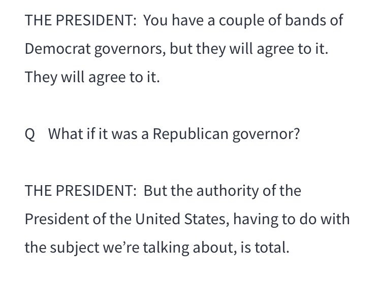 “This is - when somebody is the President of the United States, the authority is total, and that’s the way it’s got to be.”“It’s total? Your authority is total?”“It’s total. It’s total.”