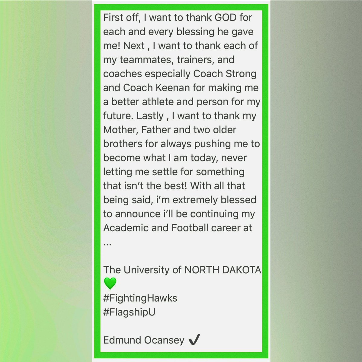 edmundocansey01's tweet photo. Only up from here ! 😼

#COMMITTED 💚
#FightingHawks
#FlagshipU https://t.co/Kvy9OP5jvN