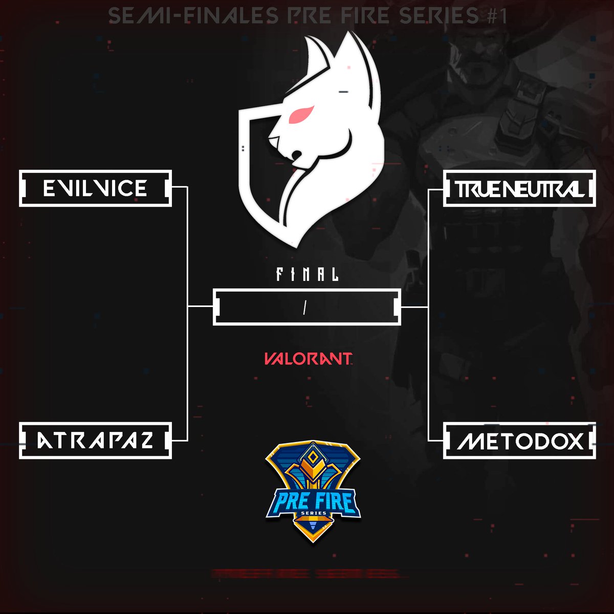 RidersPatagonia's tweet photo. #VALORANT 

PRE-FIRE SERIES #1

Ya estan disponibles las llaves de las Semi-finales.

@evilvice_evv - @Atrapa2Gaming 
@trueneutralgg - #metodox 

No te pierdas la transmisión de estos matchs increíbles! https://t.co/uqpNB4iYhE