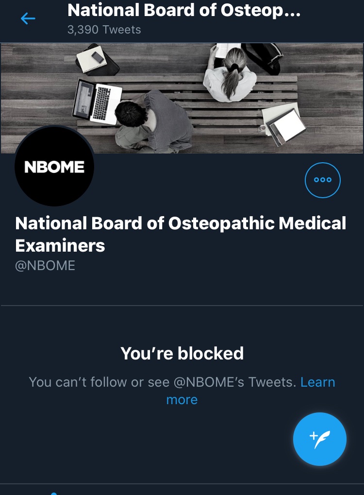 wiley224's tweet photo. @NBOME Has blocked me for expressing my views against them. They are not allowed to do this if they are a public institution. This violates Twitter policy @Twitter  #medtwitter https://t.co/5mQWu4zZWM