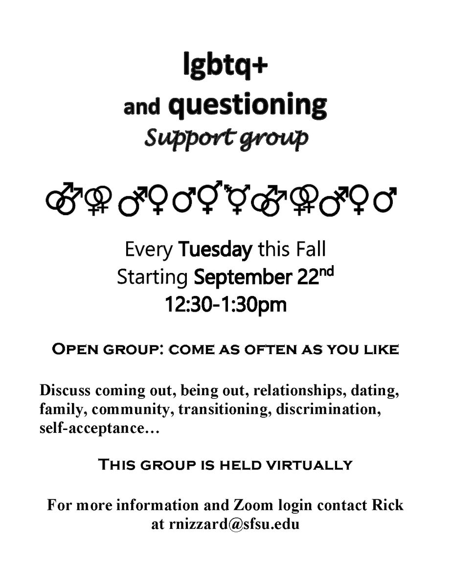 plansfsu's tweet photo. Hello, @SFSU #LGBTQ+ Staff/Faculty and Allies. The LGBTQ+ and Questioning Support Group for our student community will be virtual this semester. This is an open support group, and students can drop-in as often as they like. Here are the details: https://t.co/imOxG2Nlxk