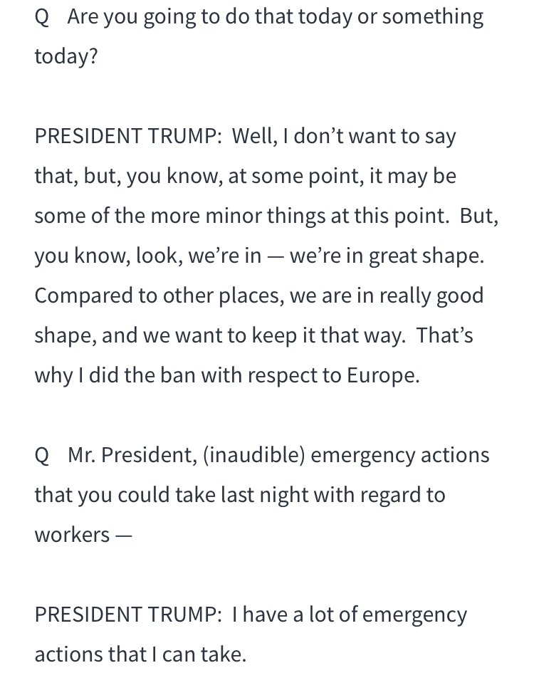 Trump, March 12:“And we are — we have it — I mean, I have it memorized, practically, as to the powers in that act. And if I need to do something, I’ll do it. I have the right to do a lot of things that people don’t even know about.” https://www.whitehouse.gov/briefings-statements/remarks-president-trump-prime-minister-varadkar-ireland-bilateral-meeting-3/