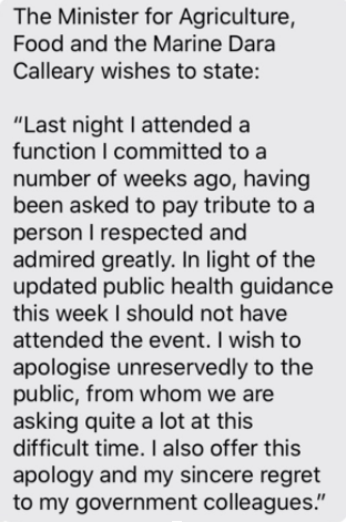 By 8.40pm, political reporters and correspondents are being texted then-Minister Dara Calleary’s apology.