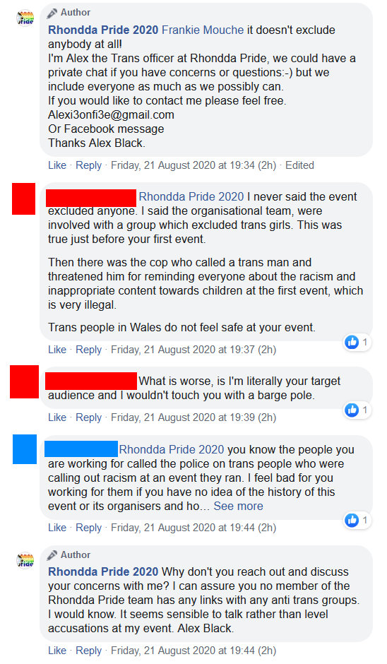 So it seems  @RhonddaPride's Alex Black is kicking off on facebook claiming they're not transphobic or racist. Despite what they are saying RP has not apologized for the incidents last year and are ignoring any proof 