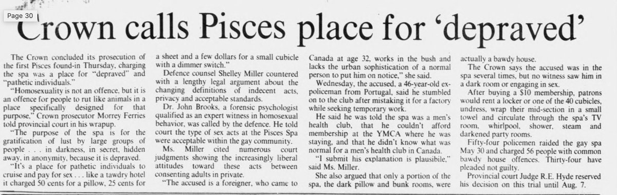 CTV News published the list of names of the men arrested on television and in the trial that followed the Crown Prosecutor described the spa as a place for "depraved" and "pathetic individuals." The Provincial Court Judge later stated "you're criminals, all of you."