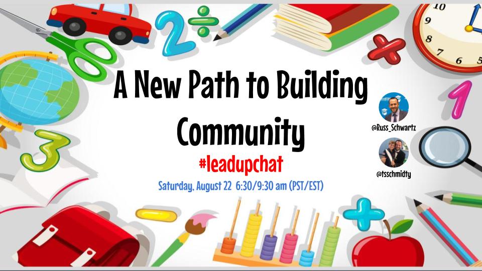 Dr. Todd Schmidt (@tsschmidty) on Twitter photo Join <a href="/Russ_Schwartz/">Russell Schwartz</a> and me for #leadupchat tomorrow morning, Sat. Aug. 22 (6:30/8:30am PST/CST) as we talk about building connections with our school communities during uncertain times. Join <a href="/Russ_Schwartz/">Russell Schwartz</a> and me for #leadupchat tomorrow morning, Sat. Aug. 22 (6:30/8:30am PST/CST) as we talk about building connections with our school communities during uncertain times.