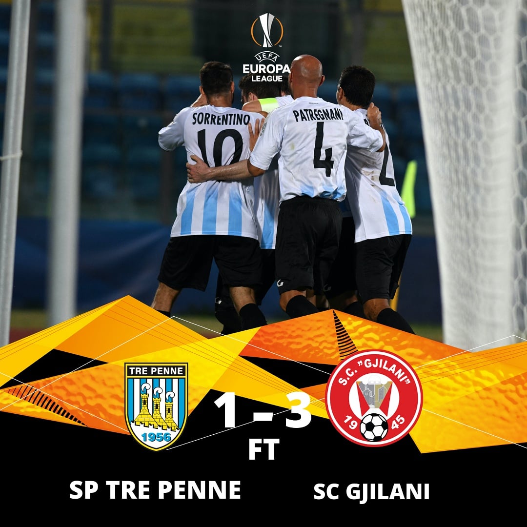 SPTrePenne's tweet photo. #Fulltime

Al San Marino Stadium il vantaggio di Nicola Gai regala l'estasi di compagni e tifosi, poi i 3 gol del Gjilani a decretare il passaggio del turno per la squadra ospite siglati da Nikac, Hajdari e Hila. 

#forzatrepenne #europaleague https://t.co/2CRGFHUv8L