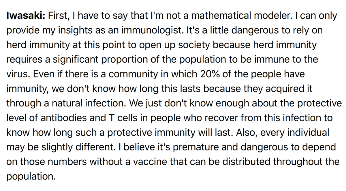 7. Herd immunity in regions where people show a positive antibody response ~20%? "It's premature and dangerous to depend on those numbers without a vaccine"