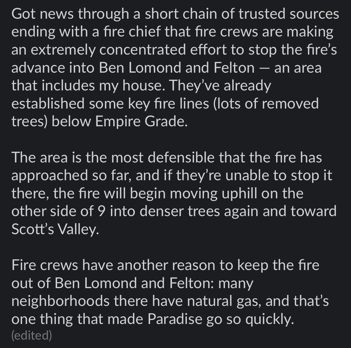 From a local coworker, some context on the efforts of our brave firefighters  they’re out there driving bulldozers into the face of this thing  #CZULightningComplex