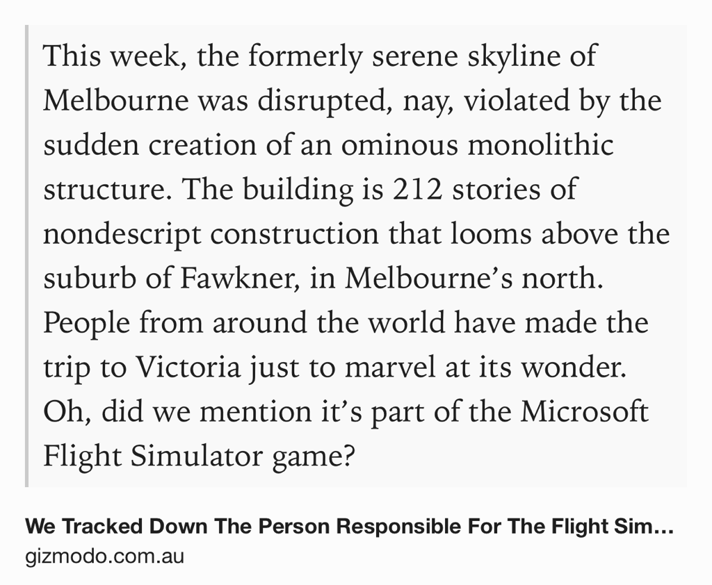 dschneller's tweet photo. We Tracked Down The Person Responsible For The Flight Simulator Melbourne Monolith https://t.co/bEEP9caq99 https://t.co/4mC6wTDOsa