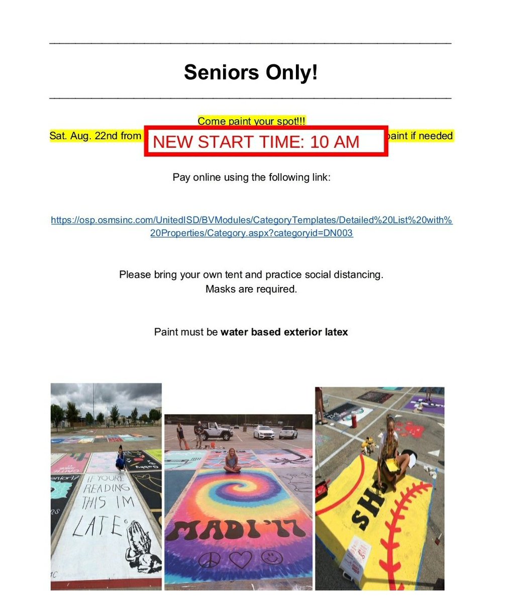 AHS Seniors Come Paint Your Spot this Saturday.  The parking lot will be open. Bring your family and friends to help you finish your spot.