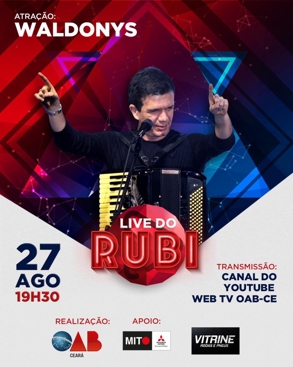 oabce's tweet photo. A tradicional festa de celebração da advocacia, este ano, será de uma forma especial. No dia 27 de agosto, a OAB CE realizará um transmissão virtual da Festa do Rubi. A partir das 19h30, o cantor Waldonys irá abrilhantar nossa comemoração. Participe! #oab #oabce #festadorubi https://t.co/PfT5y1bWKd