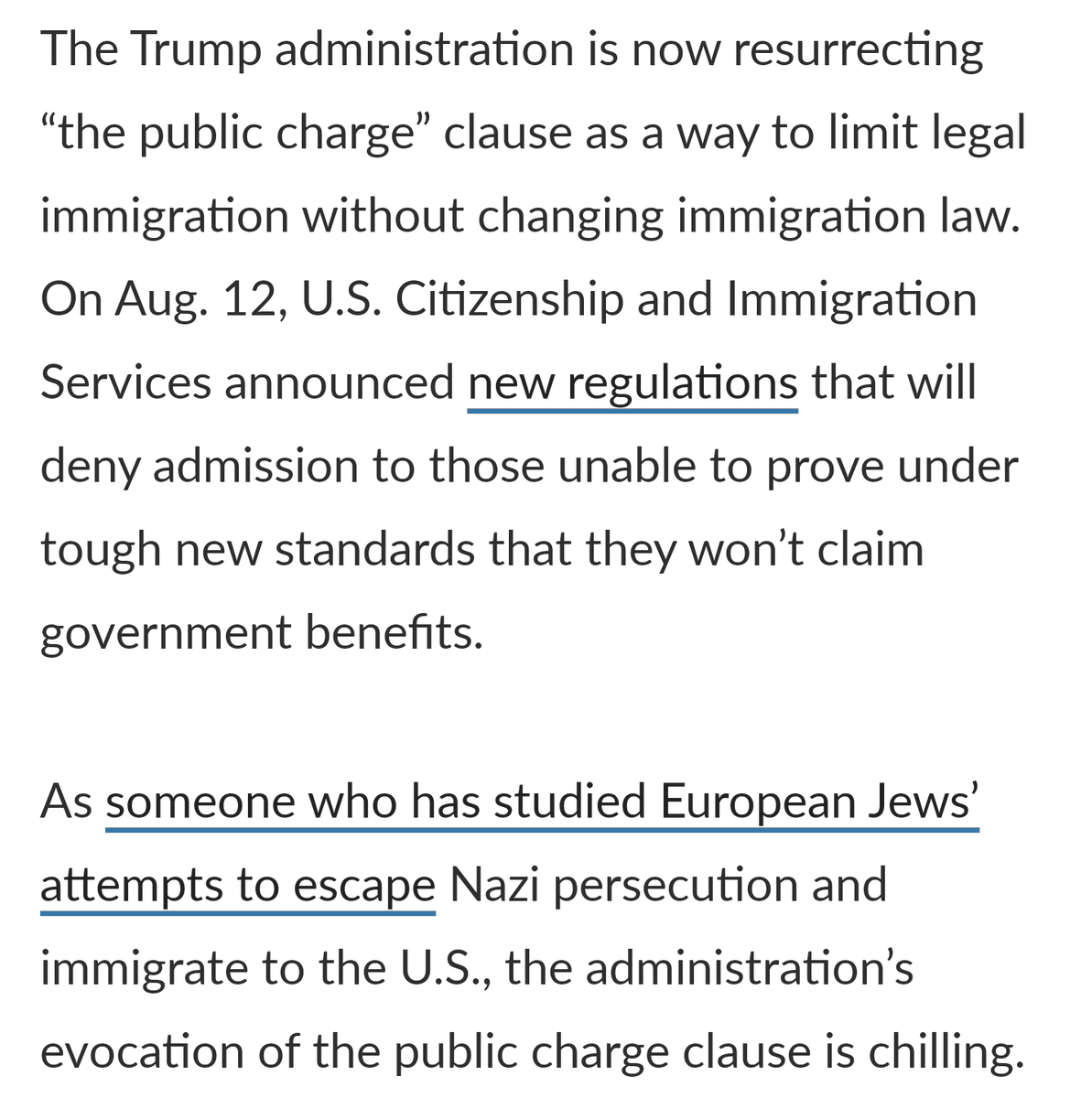  https://www.marketwatch.com/story/trump-is-using-the-same-immigration-policy-that-once-kept-out-jews-fleeing-nazi-germany-2019-08-20 (2019) on trump immigration. https://www.washingtonpost.com/politics/trump-attacks-protections-for-immigrants-from-shithole-countries-in-oval-office-meeting/2018/01/11/bfc0725c-f711-11e7-91af-31ac729add94_story.html (2018)Excerpt from Article 1.
