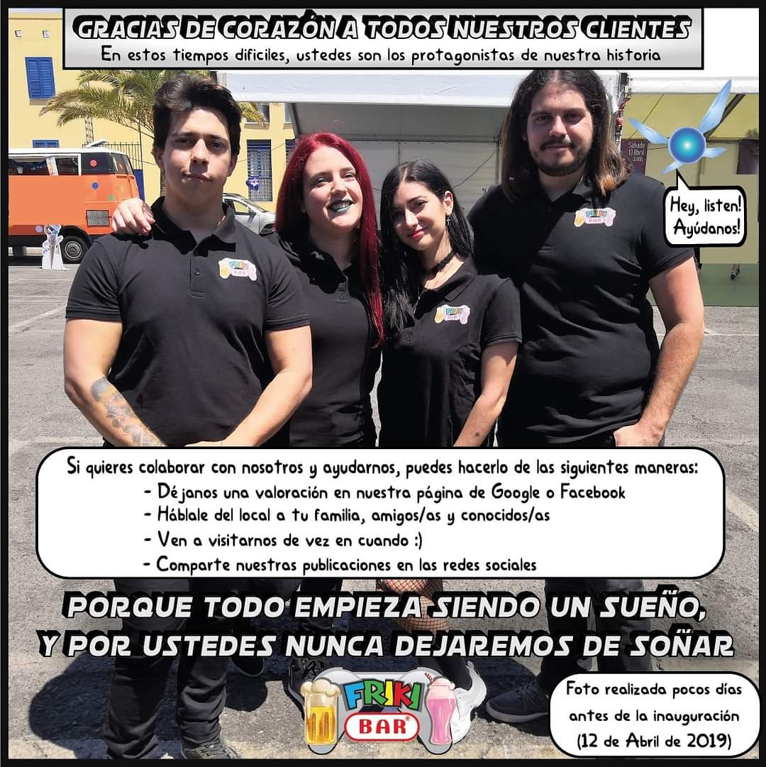 FrikiBar's tweet photo. GRACIAS DE CORAZÓN A TODOS NUESTROS CLIENTES.

Porque sin ustedes, no existiria Friki Bar :D
.
.
#frikibargrancanaria #decoraciónfriki #frikis #friki #bar #cafeteria #parquesantelmo #diversion #consola #juegos #alcohol #rol #música #relax #ocio #coronavirus #covid19 #verano https://t.co/MgaK57pxJL