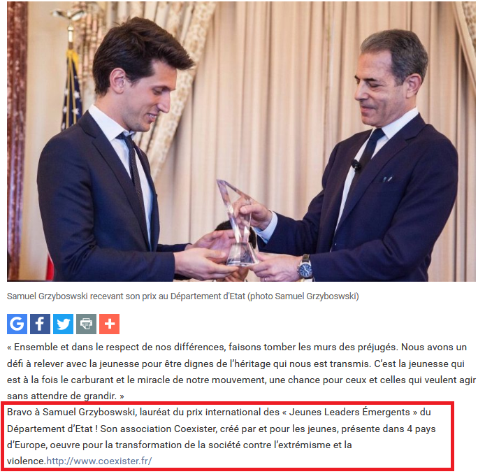 Samuel Grzybowski, récompensé par l’Observatoire de la Laïcité avec son asso Coexister et son cabinet conseil Convivencia, est aussi lauréat du prix international des Jeunes Leaders Émergents décerné par le Département d’État des États-Unis. Alors, modèle français ou américain ?