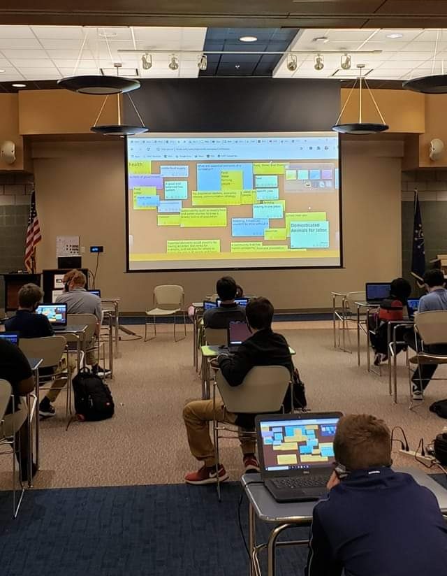 From @nti_mrjones: 'Instead of collaborating on our beloved big sticky notes, students in Global Perspectives embraced #brainstorming on the big screen yesterday. It led to #virtual #collaboration on what is necessary for a civilization to survive.' #PBL #edtech #newtech