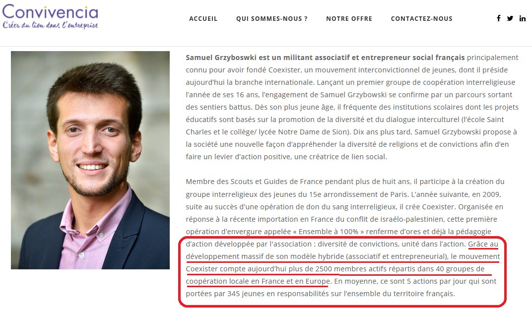 Le business de Samuel Grzybowski est en plein essor « grâce au développement massif de son modèle hybride (associatif et entrepreneurial) », mais aussi grâce à ses belles années de collaboration avec l’Observatoire de la Laïcité de N. Cadène et J-L. Bianco. Merci la « Laïcité »!