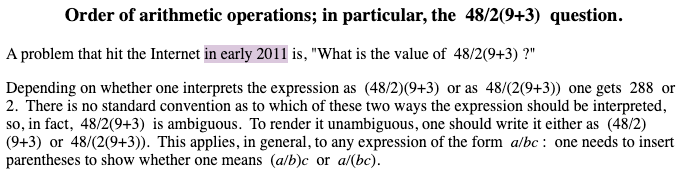 I like this undated piece I found on a retired Berkeley math professor's webpage. It references a version of this question that went viral almost 20 years ago.  https://math.berkeley.edu/~gbergman/misc/numbers/ord_ops.html