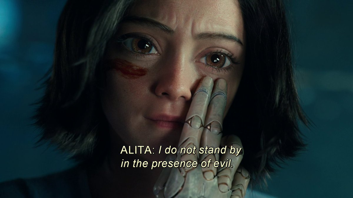 this detail, where Alita seems to think of her tough-girl line before she says it, or perhaps she finds it in a memory, is so unique and so so great. other blockbusters would never have a moment so strange and revealing and genuine