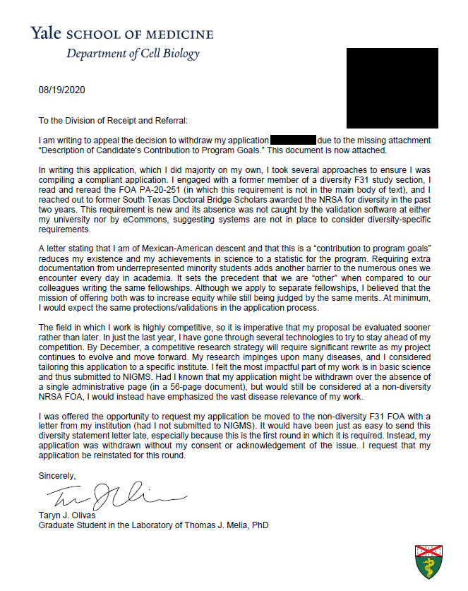 I was told that I could send a letter from my institution to switch to the non-diversity NRSA, but that I could not send in this letter late. I appealed the decision (attached below), and was told that according to NOT-OD-19-083 I could not submit this letter late. (4/14)